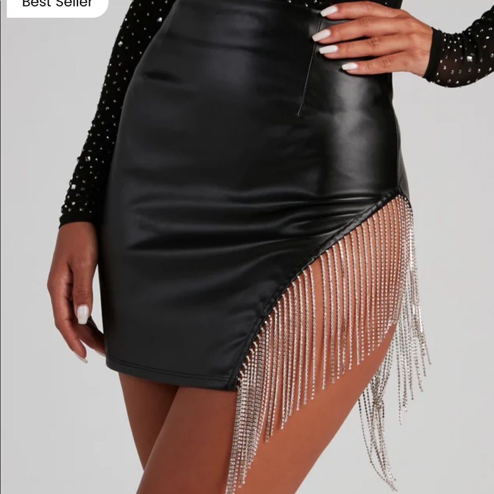 Leather Skirt with Rhinestone Fringe